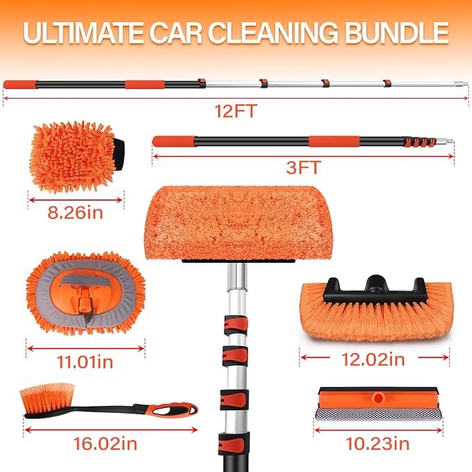 18 FT Reach Car Wash Brush with Long Handle, Car Cleaning Kit | with 3-12FT Extension Pole, Soft Bristle Brush, Chenille Cleaning Mop & Mitt, Window Squeegee, Wheel Brush for RV, Truck