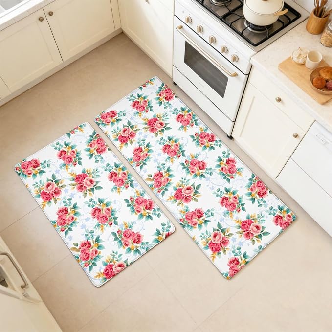 Feelyou Red Floral Kitchen Rugs Sets 2PCS Romantic Rose Flowers Kitchen Mats for Floor Blue White Plaid Reversible Patchwork Cushioned Anti Fatigue Waterproof Non-Slip Rugs Accessories