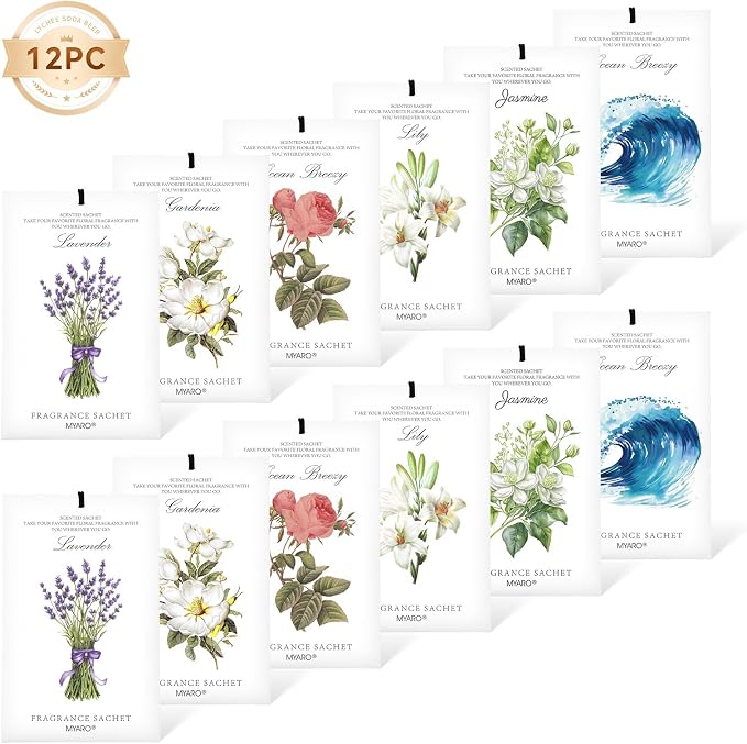 MYARO 12 Pack Assorted Floral Scented Sachets, Closet Deodorizer Freshener | Multi-Scent Lavender, Rose, Jasmine, Ocean, Gardenia & Lily, Odor Eliminator for Closet, Drawer, Car, Home Fragrance Gift Set