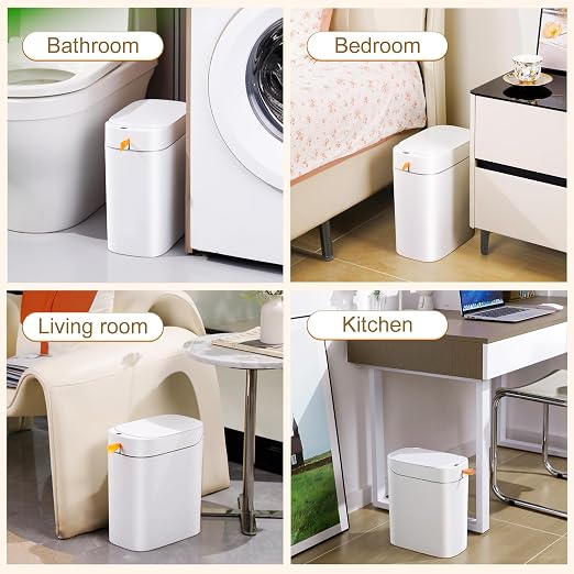 MUEE 3.5 Gal Automatic Bagging Bathroom Trash Can, Motion Sensor, White | Slim rechargeable design for bedrooms, offices and compact spaces; Type-C charging, liner suction and one-touch bag gathering