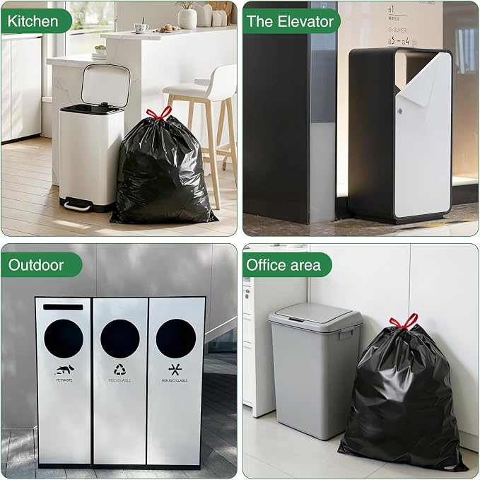 8 Gallon Trash Bag Black Drawstring, 80 Count Heavy Duty Pre-separated Garbage Bags, Thick Trash Bin Liners for Bathroom, Kitchen, Bedroom, Office