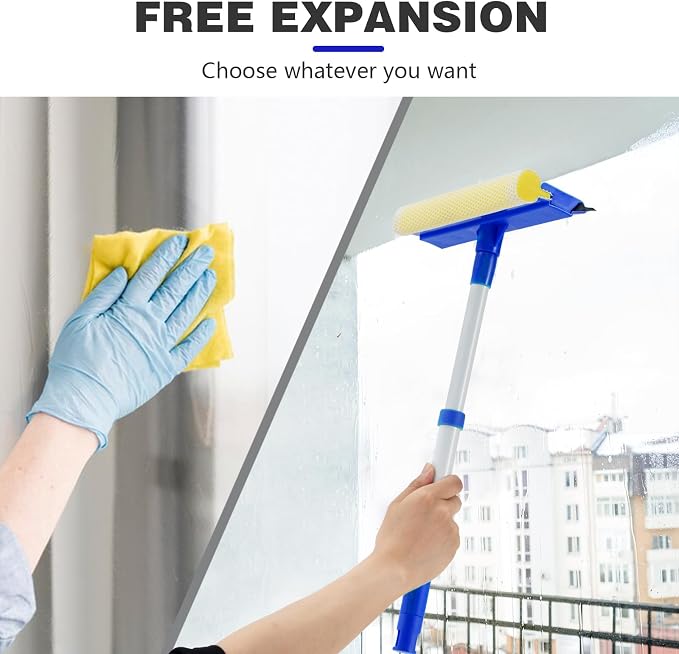 Bryquelin Window Squeegee for Home,2 in 1 Squeegee Window Cleaner with 18"" Long Handle,Sponge Car Window Squeegee for Gas Station, Glass,Shower,Outdoor High Window Cleaning