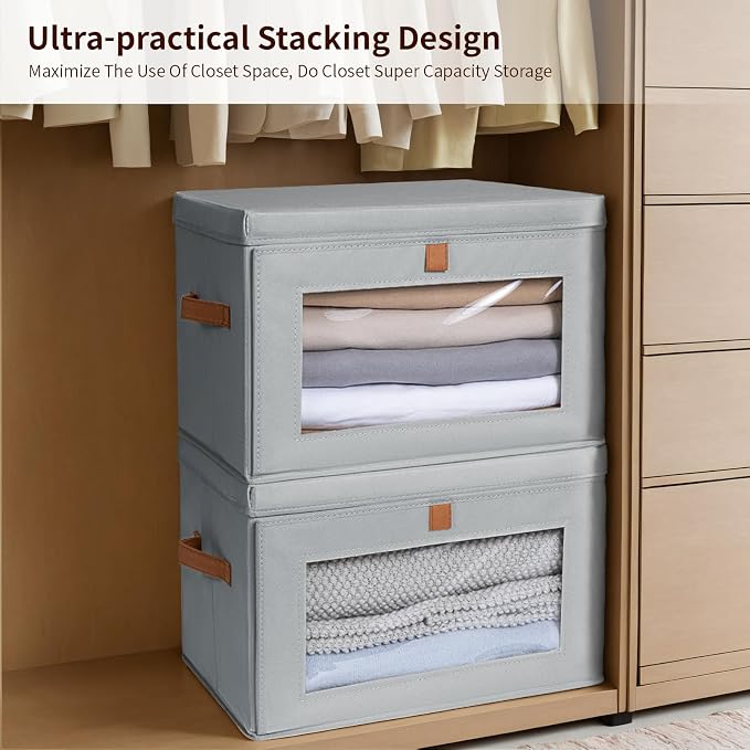 Homsorout Large Closet Storage Organizer - Clothes Storage Bins with Handles & Window, Collapsible Decorative Boxes with Lids, Fabric Containers for Living Room, Dorm, 5 Pack, Grey