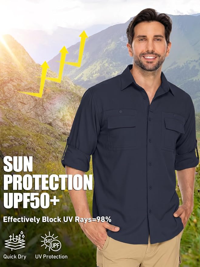 linlon Men's Safari Shirt UV Sun Protection Long Sleeve Hiking Travel | Button Down Mesh Back Vents UPF 50+ Quick Dry Breathable Cool Lightweight Outdoor Travel Fishing Gardening Clothes