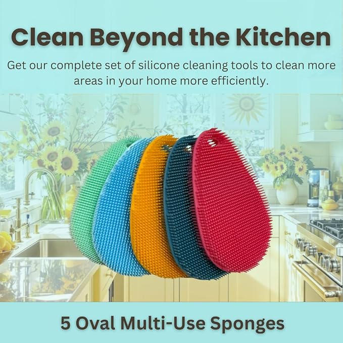 Silicone Sponge Dish Scrubber - Food Grade and Housecleaning - BPA Free Silicone Kitchen Scrubber [5 Pack Ovals Summer]