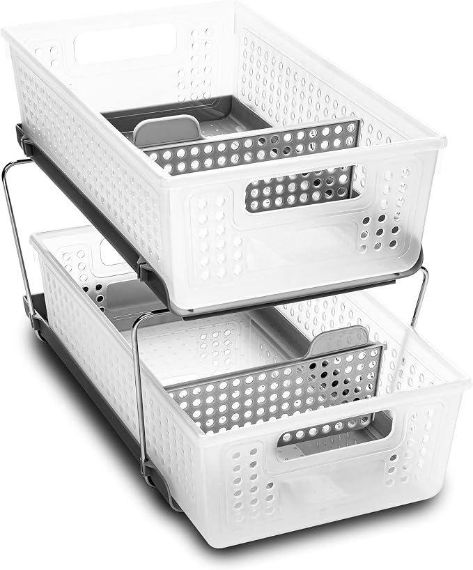 madesmart Two Tier Pull Out Organizer, Frost | adjustable dividers, tiered access, cleaning supplies, under sink use, pantry bottles, woman owned