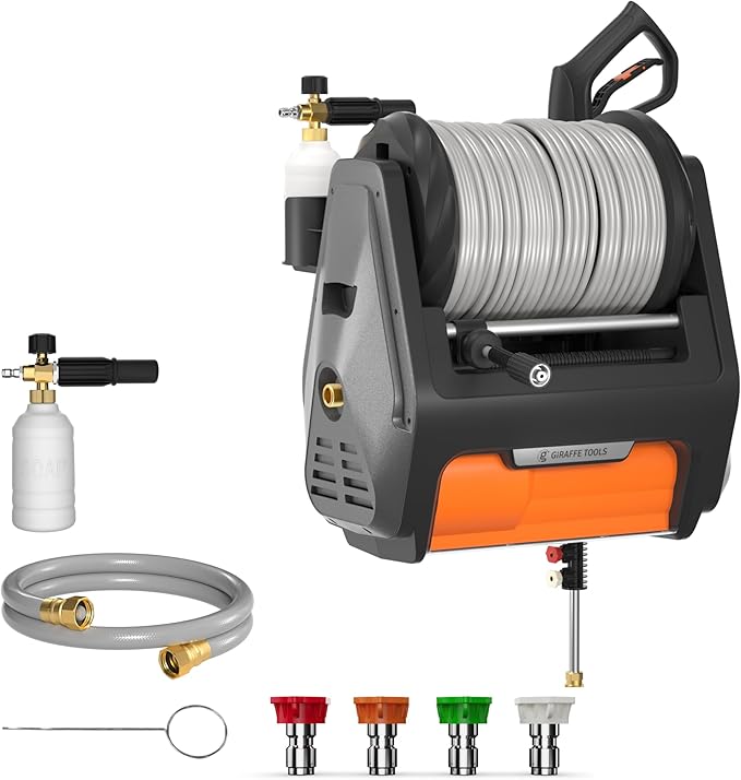 Giraffe Tools Retractable Wall Mount Pressure Washer Pro with 100FT Hoses | 2900 PSI, 2.2 GPM Electric Power Washer with 1800W Motor, Automatic Rewind, 4 Nozzles, Foam Cannon for Cars/Fences/Patios