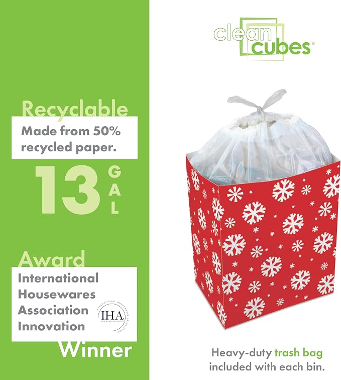 Clean Cubes 13 Gallon Disposable Pop-Up Trash Cans, 3-Pack (Snowflake) | Extra Trash Space for Parties and Events, No Assembly Required, Built-In Liner, Wire-Reinforced Opening Stays Fully Open