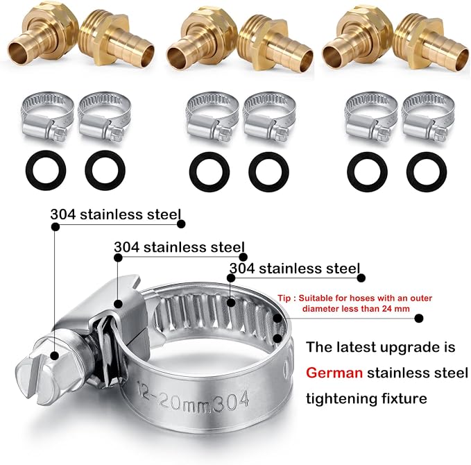 Solid Brass Garden Hose Repair Connector with Clamps Hose End Repair Kit,Fit for Male and Female Hose Fittings (5/8"-3 Set)