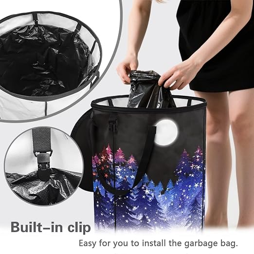 Outdoor Trash Cans for Camping Pine Tree and Moon Collapsable Garbage Can 20+ Gallon Water Resistant Storage Bin for Clothes Bedroom Trash Can Decorative