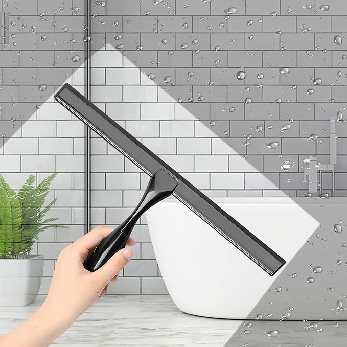 12-Inch Shower Squeegee Set, Includes Shower Door Hook and Adhesive Hook, Squeegee for Shower Doors, Mirror and Window, Black