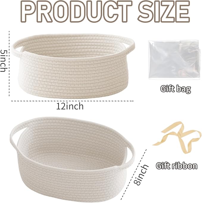 JMvicyroam Small Woven Basket, Empty Gift Basket, White/1 Pack | Small Gift Basket, Cotton Rope, 12 x 8 x 6 in, Handles, Includes Ribbon and Bag, Birthday Gift Basket