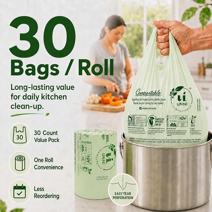 UNNI 13 Gallon Compostable Bags with Easy-Tie Handles, 49.2 Liter, 30 Count | Tall Kitchen Compost Bags with a Wide Opening for Pull-Out Bins, Certified by BPI, CMA & OK compost HOME, Meets ASTM D6400