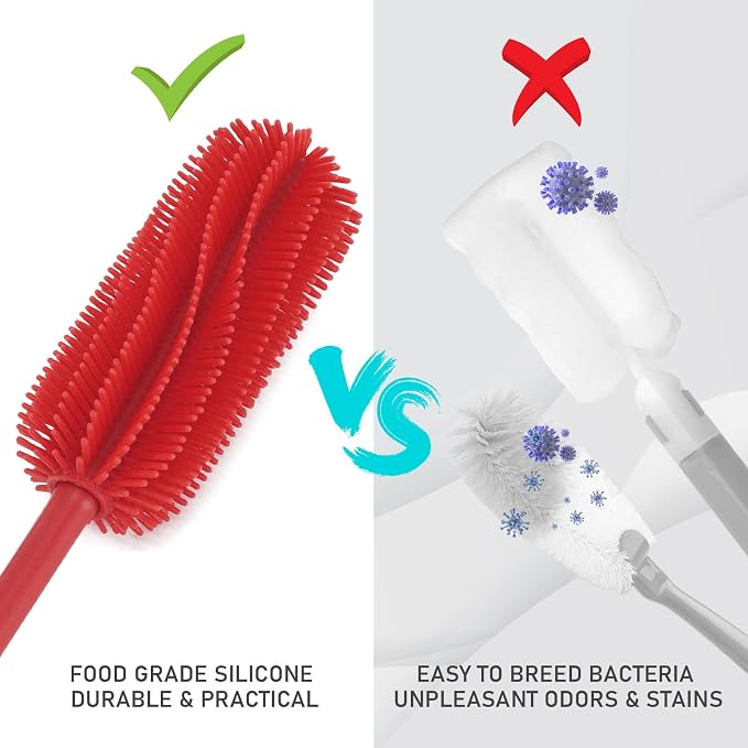 Silicone Bottle Brush, 15.7" Water Bottle Cleaner Brush, Red | Water Bottle Cleaner for Baby Bottles, Hydro Flask, Sports Bottle, Vase, Glassware, for Smaller Diameter Bottle Openings