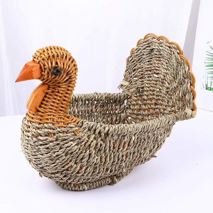 BESPORTBLE Woven Turkey Pattern Storage Basket Portable Multifunctional Organizer for Home Sundries Decorative Light Grey Straw Container for Neat and Rustic Housekeeping