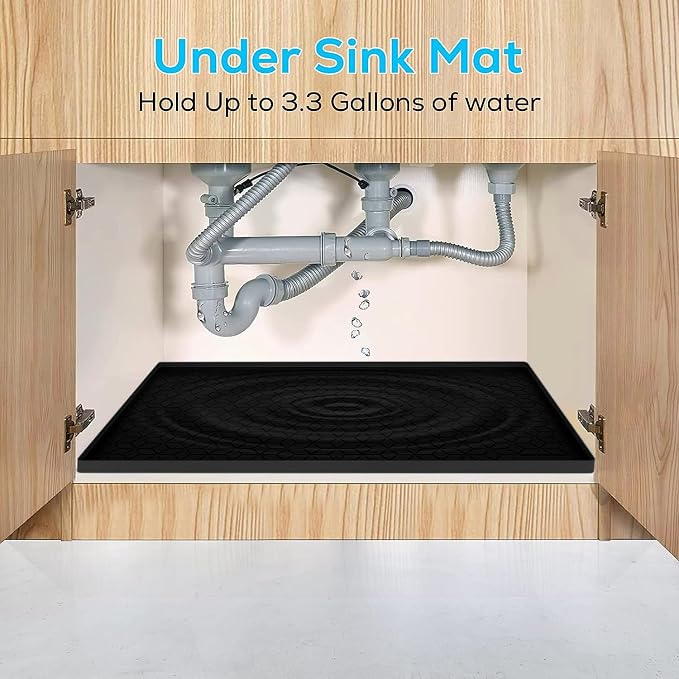 Under Sink Mat, 19"x22" Under Sink Mats for Kitchen, Silicone Waterproof Under Sink Liner, Sink Cabinet Organizer Tray with Drain Hole (Black, 19X22)