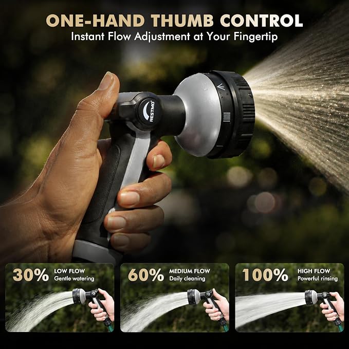 RESTMO Garden Hose Nozzle Heavy Duty, Thumb Control Metal Sprayer Nozzle | Zinc Alloy Body with TPU Coating, 8 Adjustable Spray Patters, Ergonomic Handle, Leak Proof, Idea for Washing & Watering