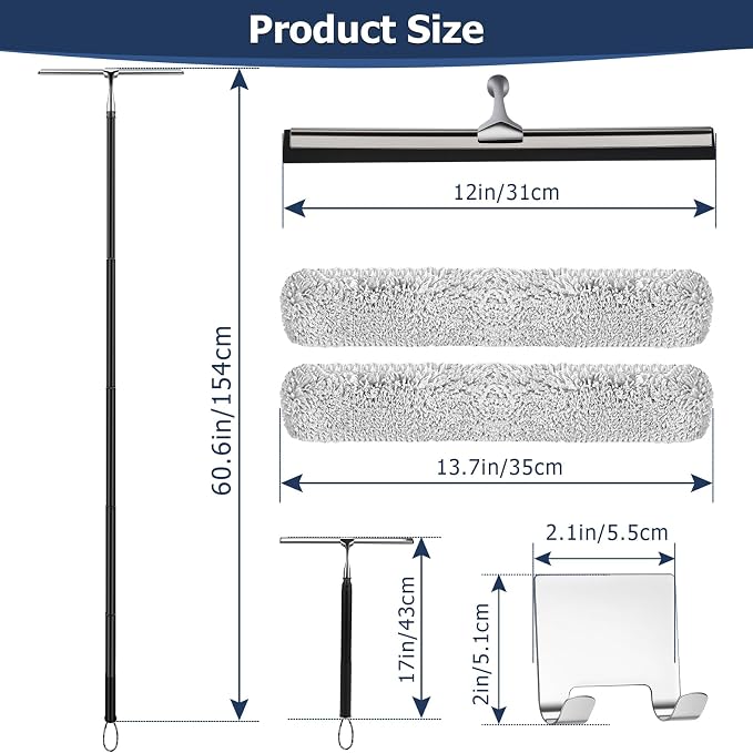 Metal Shower Squeegee with 17'' - 60'' Extension Pole for Window,Glass Door | 12'' Wide Telescopic Shower Squeegee For Tile Shower Walls Cleaner with Long Handle, Window Squeegee With Extension Pole