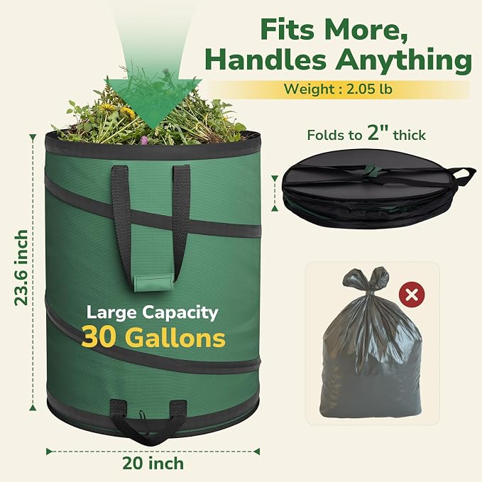 GreatBuddy Collapsible Trash Can 30 Gallon, Pop Up Yard Waste Bags, 600D Oxford Lawn and Leaf Bags with Drainage Holes, Self-Standing Camping Trash Can, Foldable Garden Bag for Leaf & Lawn Cleanup