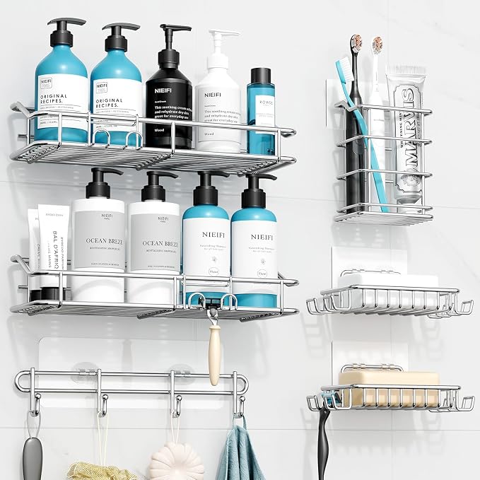 Nieifi Shower Caddy Adhesive, Shower Shelves, Shampoo Holder for Bathroom | Stainless steel, 5 pack, shower rack, shower organization, with hooks, rustproof, no drilling, razor holder, silver