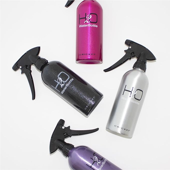 Cricket H2O Water Spray Bottle for Hair, Sparkle Black, 13.5 oz | Continuous Stream, Adjustable Nozzle, Durable Aluminum, Refillable
