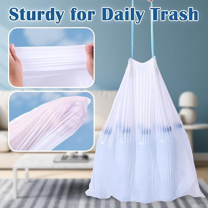 BYSNOW 4 Gallon 300 Counts Small Drawstring Trash Bags, Clear Garbage Bags | Mini Unscented White Plastic Waste Basket Liners Fit 11-15L Bins for Bathroom, Kitchen, Office, Car, Dorm