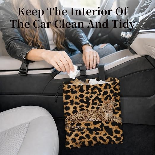 Modern Fashion Cheetah Car Garbage Bag Canvas Trash Can | Funky Leopard Print Drawstring Car Trash Bag Hanging for Back Seat with Adjustable Buckle