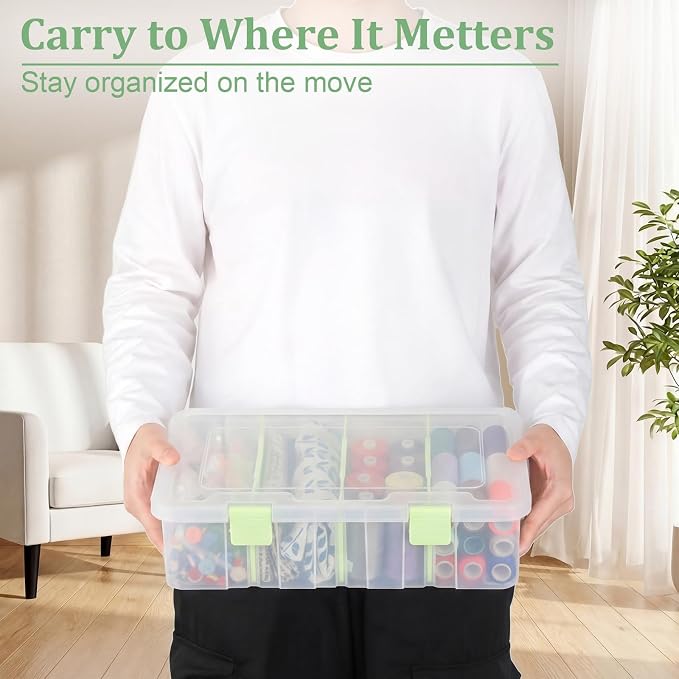 BTSKY Clear Plastic Dividing Storage Box with 4 Compartments Sewing Box | 13.3x8.1x3.4 Inches Adjustable Storage Bin with Lid Plastic Craft Storage Container Multipurpose Art Supply Organizer Green