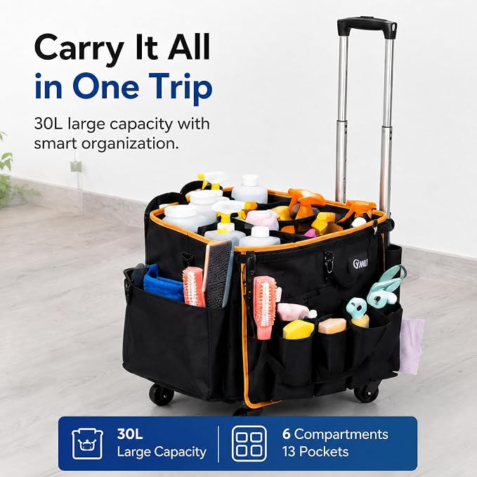 YMU Rolling Cleaning Caddy Bag, Cleaning Cart for Housekeeping | 30L Large Room | 4 in 1 Portable | Detachable Trolley | with Swivel Caster & Shoulder Strap | Waterproof Oxford Fabric