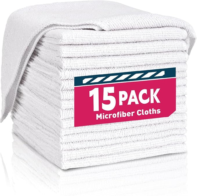 TEAWOO Microfiber Cleaning Cloths-15 Pack, White, Microfiber Towels | Cleaning Rags for Cars, Home(12x12 inches)