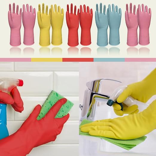 Kitchen Dish Washing Gloves 5 Pairs Rubber Cleaning Reusable Gloves Large | Colorful Dish Gloves, Non-Slip Grip, Household Gloves, 12.6-Inch Cuff, Soft Skin-Friendly Rubber, Multi-Use, Long-lasting