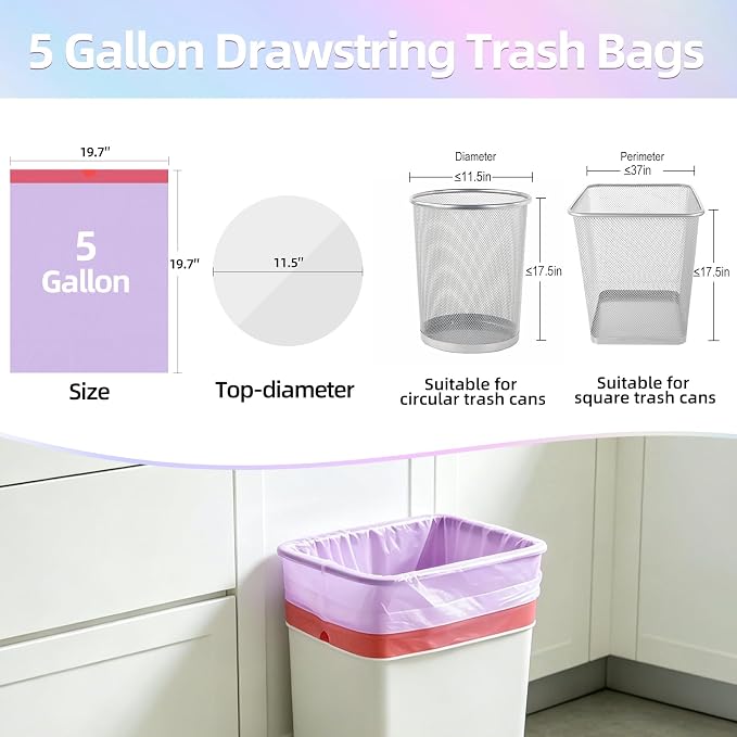 5 Gallon Trash Bags, 440 Count Drawstring Small Garbage Bags Thick Pre-separated Unscented Trash Can Liners for Bathroom Office Kitchen Bedroom Home Multi Colored
