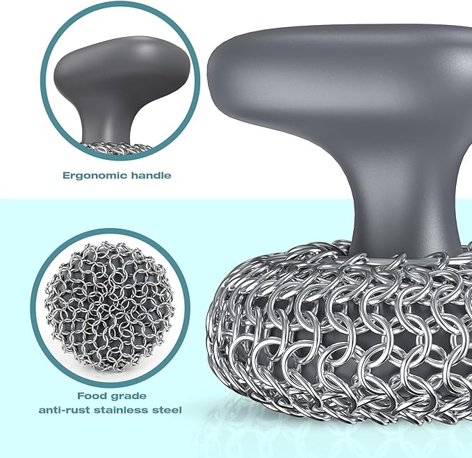 Cast Iron Scrubber Dish Scrub Brush 316 Chainmail Scrubber for Cast Iron | Dish Scouring Pad, Dishwasher Safe, Chain Mail Scrubber Cast Iron, Cleaning Kit, for Pan Skillet, Grey