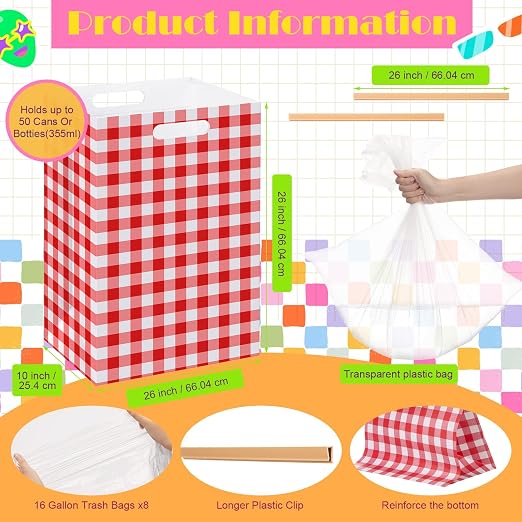 Hushee 4 Pcs 13 Gallon red Plaid Disposable Pop up Trash Cans for Parties | Cardboard Garbage Can with Handles, Trash Bags, Clip, Collapsible Trash Cans, Portable Gingham Trashs Bins for Event, Kitchen