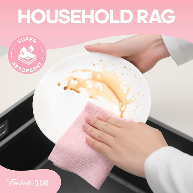 Fantasticlean Microfiber Cleaning Cloth Roll, Pink, 60 Pack, 8" x 8" | Tear Away Microfiber Towel Roll, Reusable Paper Towels, Rags for Kitchen, Pet, Dust, Car, Office, Cleaning Supplies, Portable