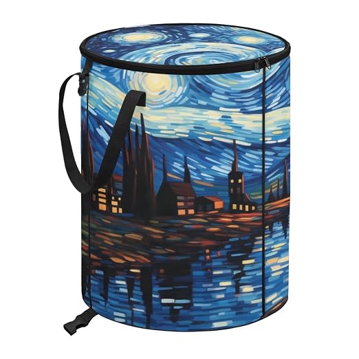 Starry Night Oil Painting 24 Gallon Camping Trash Can Collapsible Outdoor Garbage Can with Lid Waterproof Easy to Clean Reusable Trash Bin for Patio Yard Garden Kitchen Laundry