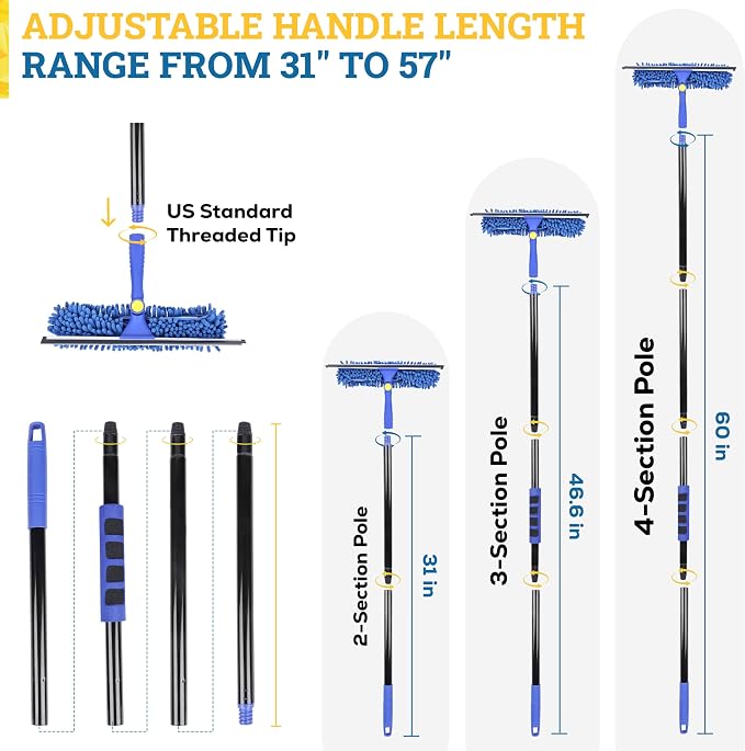2-in-1 Window Squeegee with 60” Extendable Pole | Rotatable Glass Cleaner Tool for Commercial and Residential Use, 2 Reusable Sleeves and 14” Blade