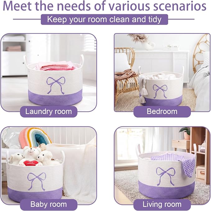 Honeydak Large Laundry Basket Purple Bow Hamper 13 x 20 Inches Laundry Basket Cotton Rope Purple Hamper Coquette Bow Room Decor Storage Blanket Toys Clothes Organization for Teens Girls