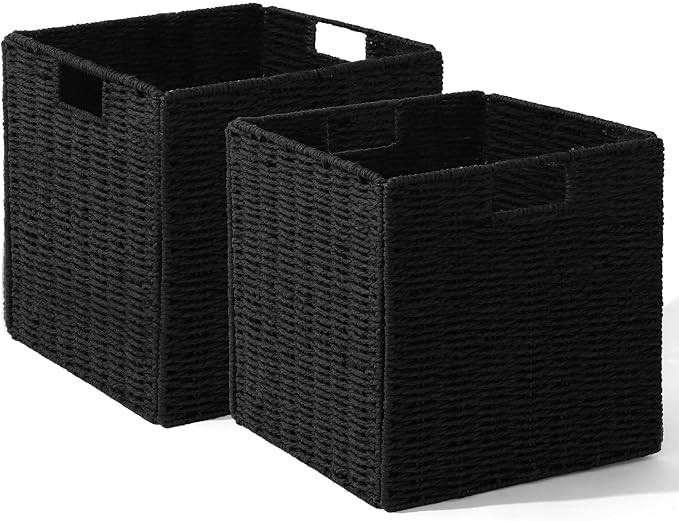 Set of 2 Hand-Woven Paper Rope Wicker Baskets,12x12x12in Storage Basket, Foldable Cube Storage Bins, Black Storage Cubes, Square Baskets for Organizing Shelves Decor