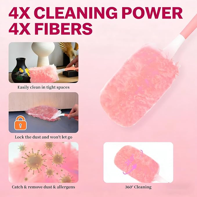 Pink Duster Refill for Swiffer Duster, 20 Count Heavy Duty Duster Refills | Kit with 1 Handle for Cleaning Dusting Furniture Blind Ceiling Fan, 360 Disposable Duster Refills Feather Duster