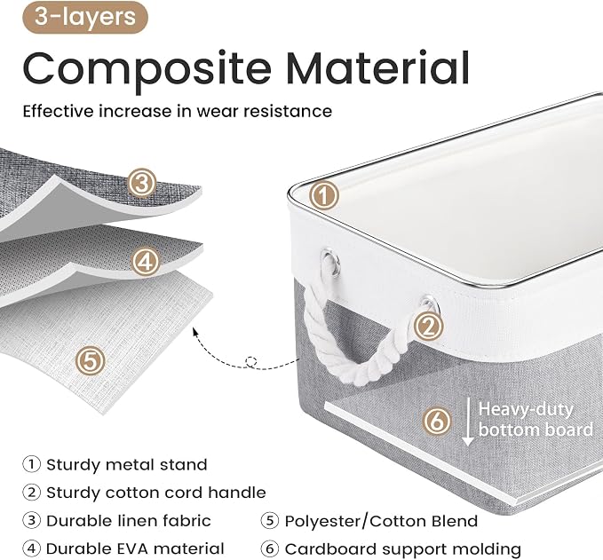 13.8x9.8x6.7 Inch Fabric Small Storage Bins with Handles 6 Pack | Foldable Storage Basket, Sturdy Metal Strand, Cardboard Support Molding, Small Baskets for Organizing, Shelves, White/Gray