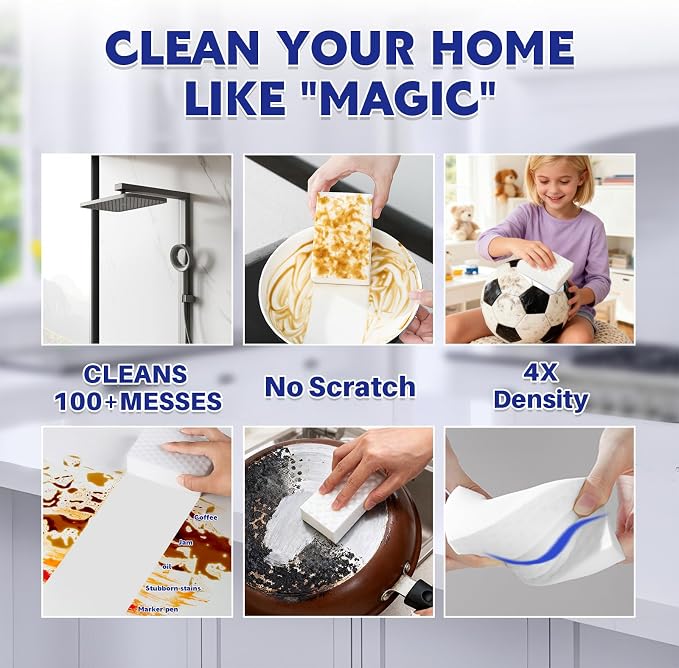 Magic Sponge Eraser, 30 Pack 4X Density Melamine Sponge | GRS Certified, Extra Durable & Long Lasting Cleaning Sponge, Stovetop Cooktop Cleaner Sponge for Kitchen Glass Marble