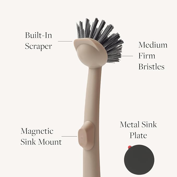 Earth & Mango Magnetic Dish Brush & Scraper, Snaps to Sink, Cacao Brown