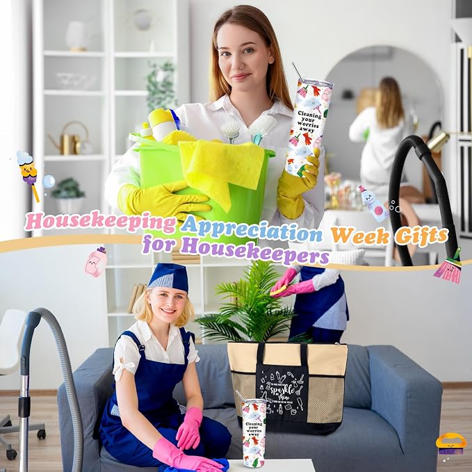 Sieral Housekeeping EVS Week Appreciation Gift, Housekeeper, Khaki | Insulated Tumbler 20oz & Large Tote Bag Set for Women Custodian School Healthcare Cleaning Crew House Cleaner Maid Janitor
