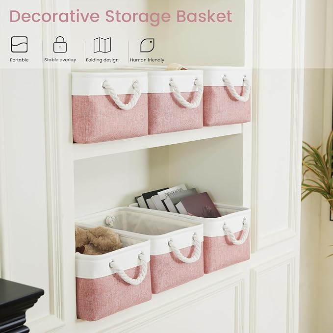13.8x9.8x6.7 Inch Fabric Small Storage Bins with Handles 3 Pack | Foldable Storage Basket, Sturdy Metal Strand, Cardboard Support Molding, Small Baskets for Organizing, Shelves, White/Pink