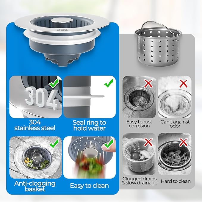 zaa 3 in 1 Kitchen Sink Drain Strainer Stopper Removable Basket Pop-Up | Kitchen Sink Food Strainer 1 Pack Silver Stainless - Food Catcher, Odor-Block Seal, Fits 3.5" Drain, Easy Clean