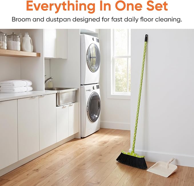 Superio Polka Dot Broom and Dustpan Set, Indoor & Outdoor Cleaning Set with Durable White Plastic Dustpan, Lightweight Household Floor Cleaning Set for Home, Kitchen, Office & Garage, Green/White