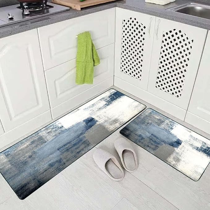 TOMWISH Grey and White Kitchen Rugs Non-Slip Standing Desk Mat | Kitchen Rug Set for Kitchen Floor Office Dining Room Sink Laundry 17"X48"+17"X24" Kitchen Decor and Accessories