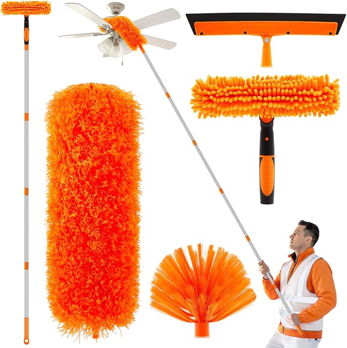 36 Feet High Reach Duster Kit with 2-30 ft Extension Pole High Ceiling Dusting and Window Cleaning Kit with Window Washer & Squeegee, Cobweb Duster, Washable Head for Ceiling Fan