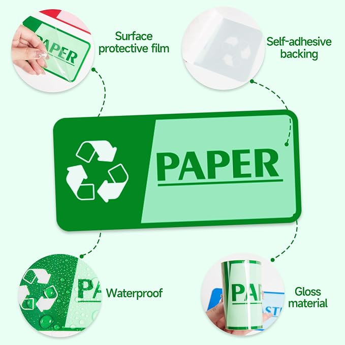 4PCS Recycle Stickers for Trash Bins，Self-adhesive Waterproof and Fade Resistant Trash Recycle Stickers, Recycling Labels for Trash Can for Home, Office, Apartment, Hotel, School and Public Area